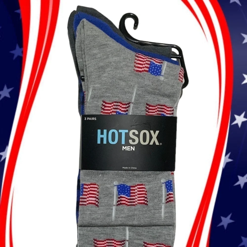 Hot Sox 3 Pack Flag Patriotic Theme Novelty Dress Crew Socks Gift Men’s Unisex